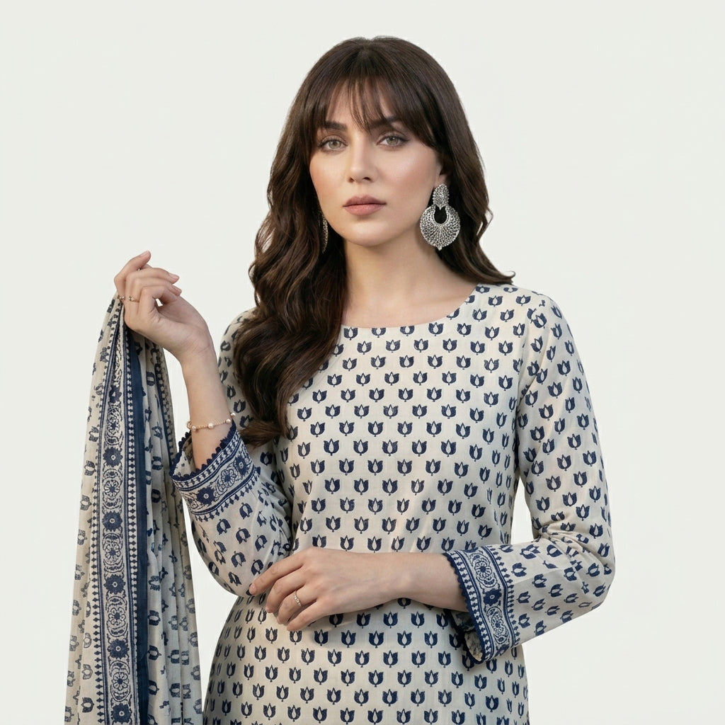 Traditional Block Printed Dress Suit with Colorful Flower Motifs