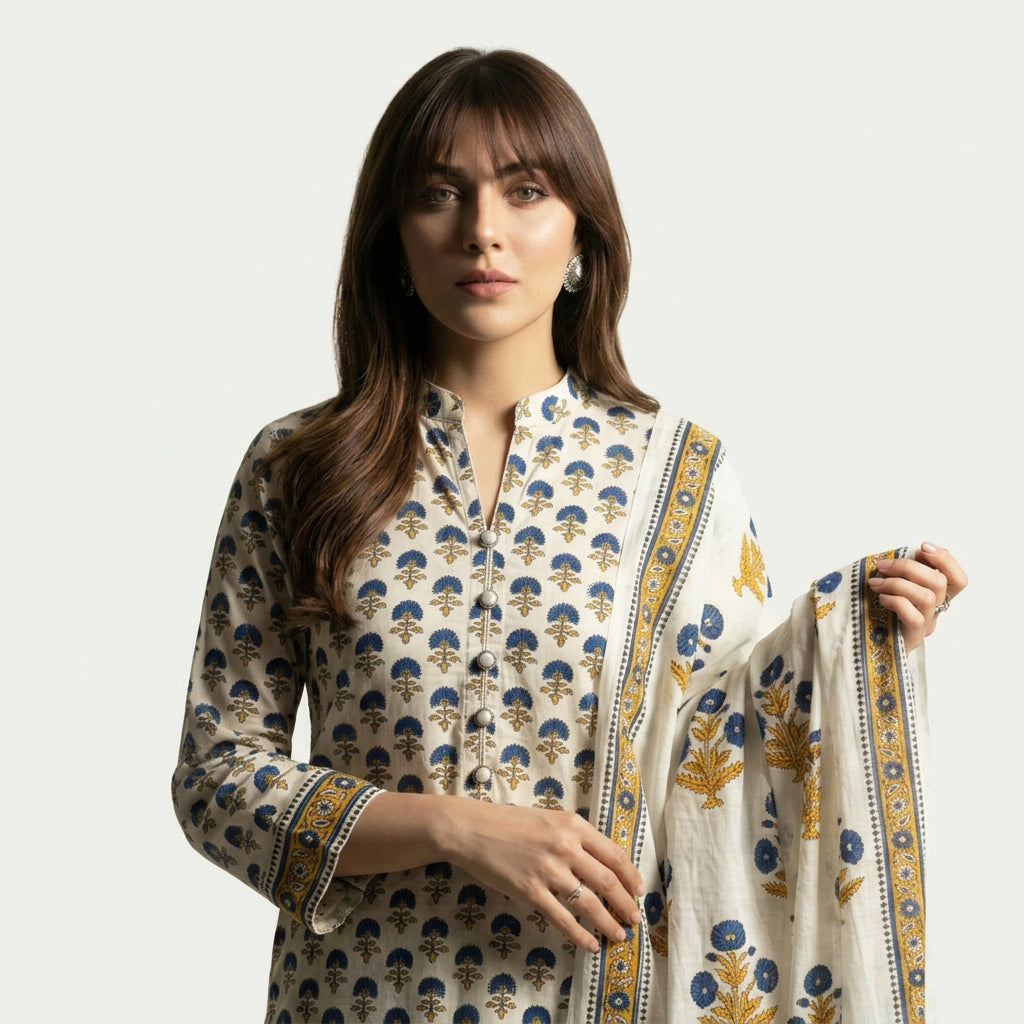 Multicolor Botanical Block Print Dress Suit
