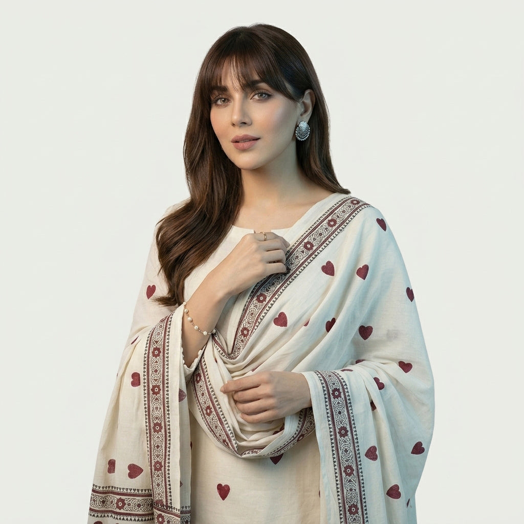Block Print Dress Suit with Red Heart Motifs Designs