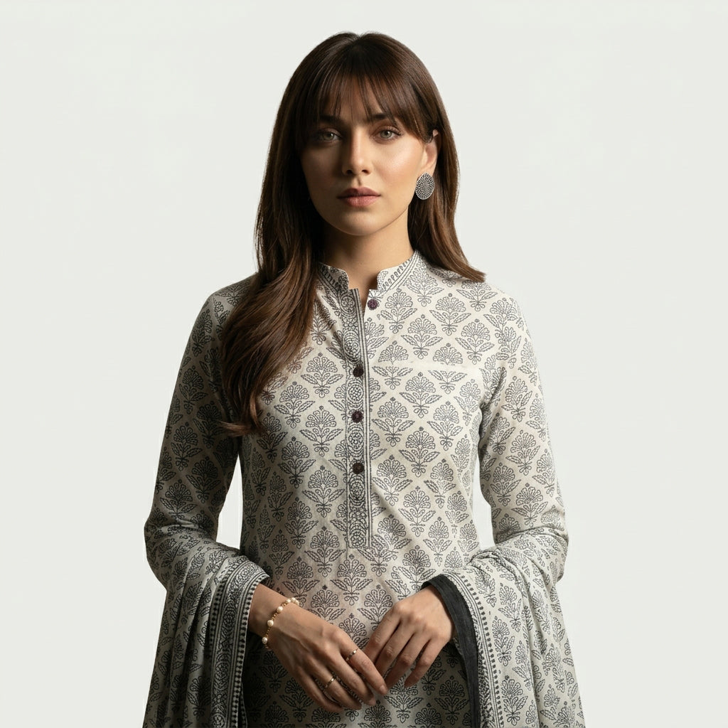 Elegant Floral Block Print Dress Suit for Women
