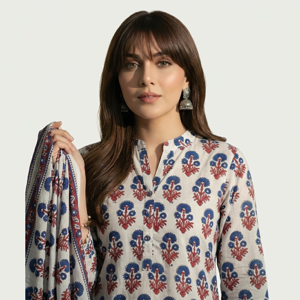 Unstitched Block Print Dress Suit with Floral Patterns