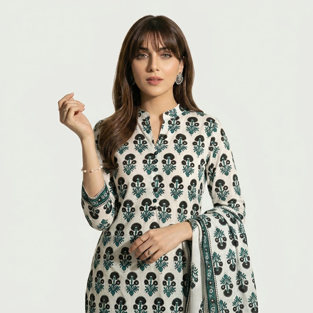 Red Floral Block Print Dress Suit with Decorative Patterns