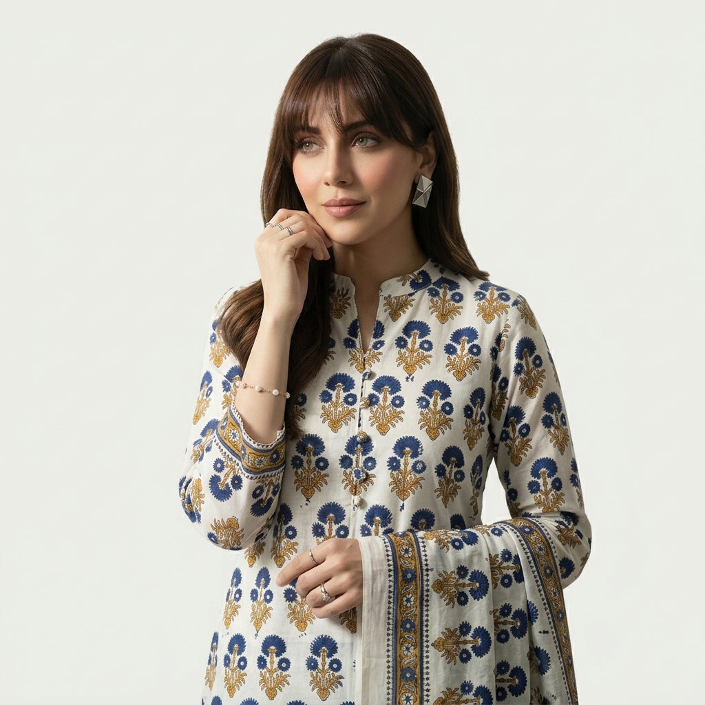 Traditional Floral Dress Suit with Block Printed Details