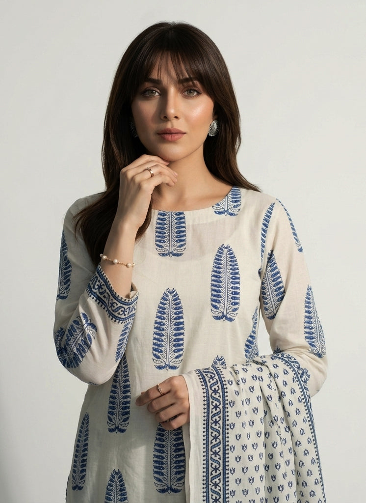 Mountain Butta & Lotus Design Blue – Unstitched Cotton Two-Piece Shirt & Dupatta Hand Block Printed Fabric