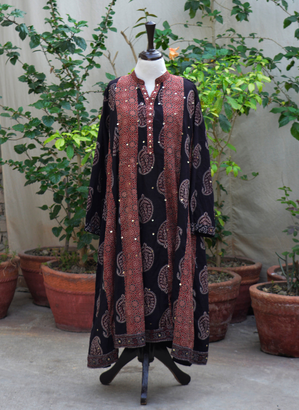 Organic dye hand block printed Ajrak patchwork maxi dress lawn fabric