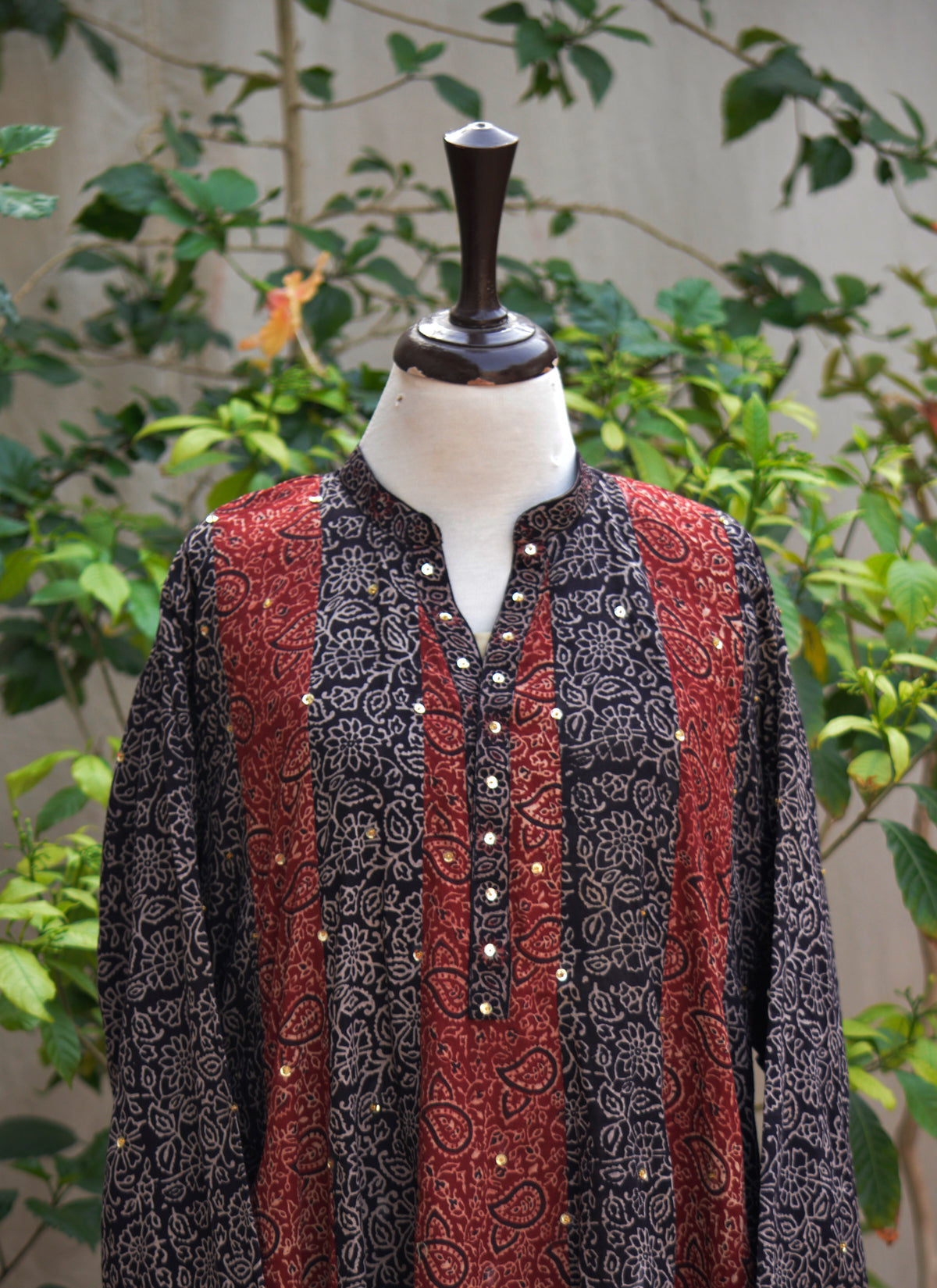 Organic dye hand block printed Ajrak patchwork maxi dress Pakistan