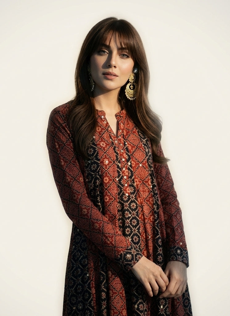 Ajrak Design Dress Boho Maxi Patchwork – Organic Dye Hand Block Printed Lawn