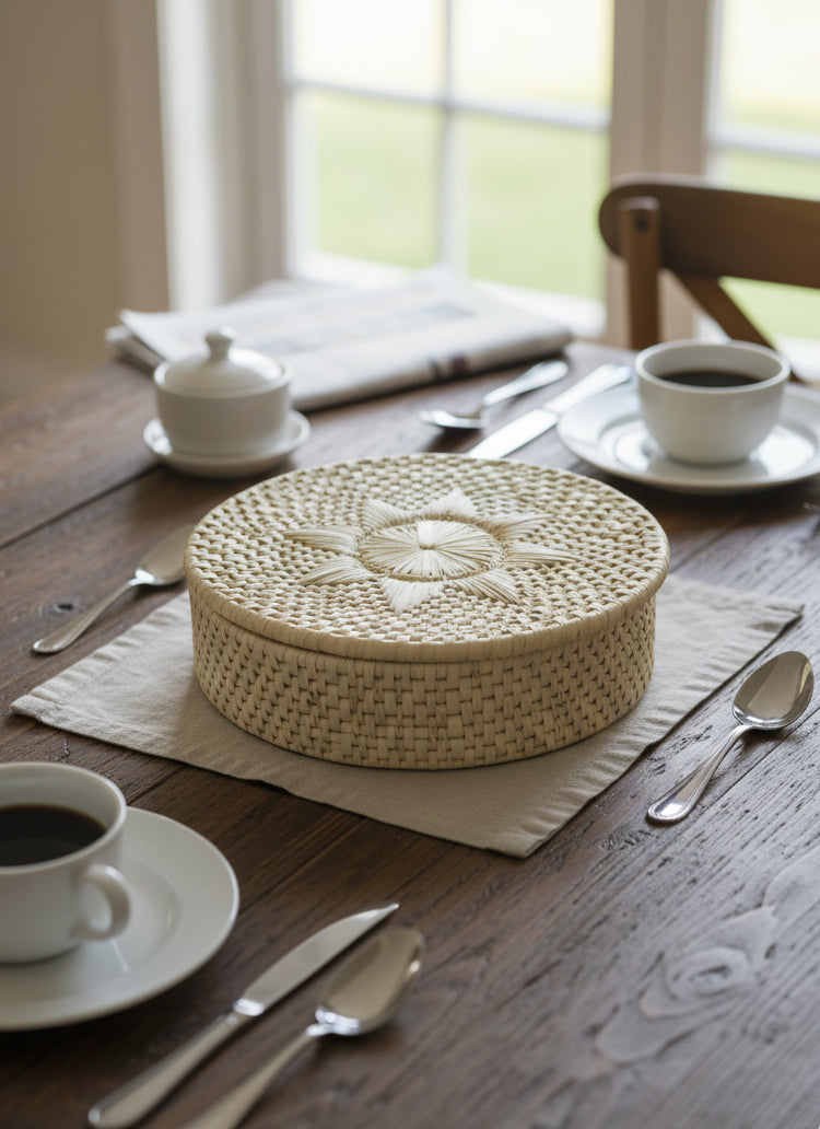 Hand-woven palm leaf bread basket beige with floral motif artisan crafted Pakistan