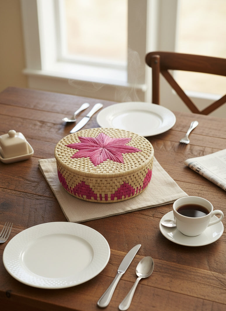 Hand-woven palm-leaf bread basket pink flower motif artisan crafted Pakistan