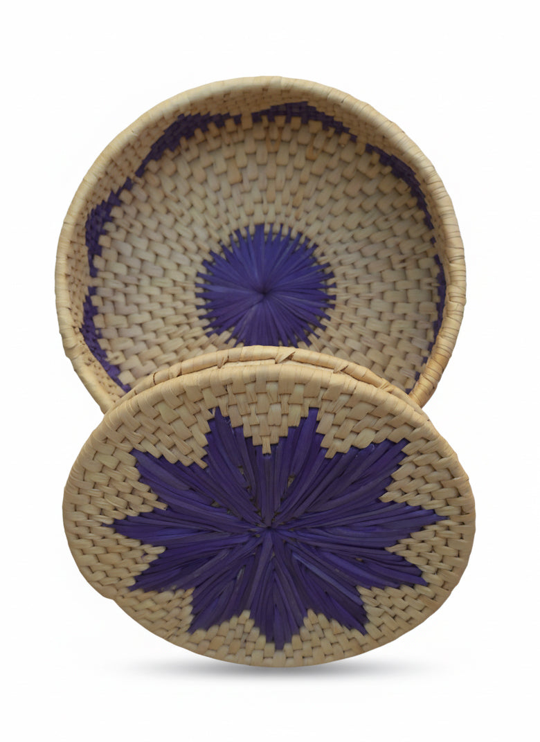 Purple-blue flower palm-leaf bread basket handmade by Sindhi women artisans sustainable décor