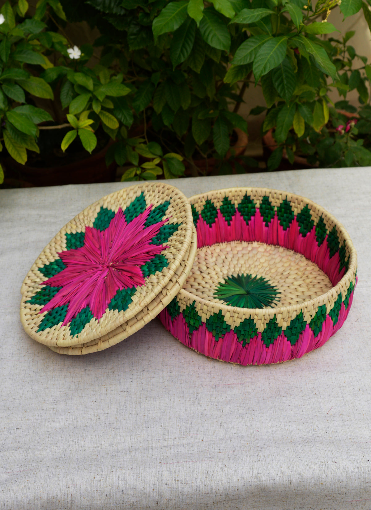 Hand woven palm leaf multi-colored geometrical bread basket eco artisan roti dan