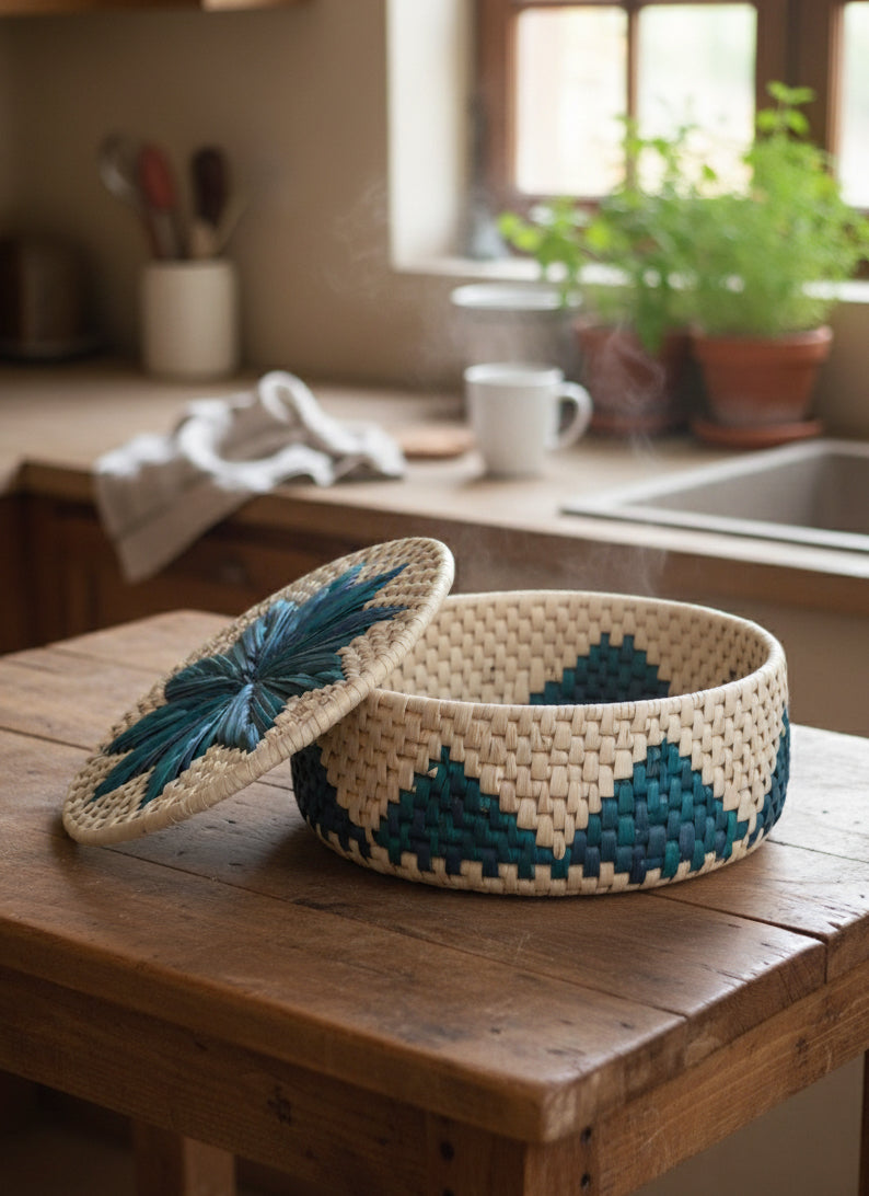 Hand-woven green palm-leaf bread basket (Roti Dan) with floral motif 11 × 3 inches eco-friendly artisan tray