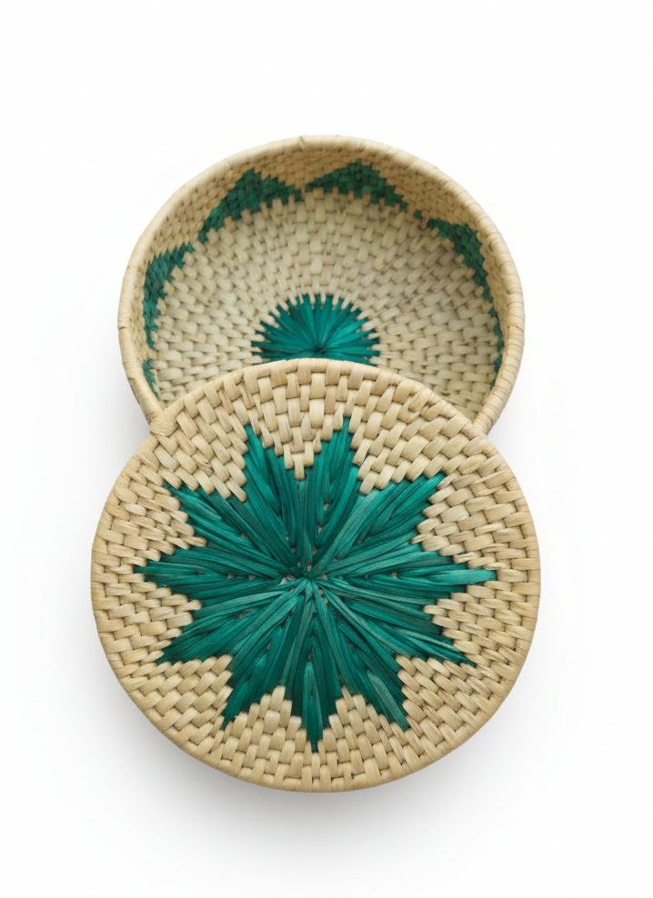 Eco-friendly palm-leaf bread basket in green floral pattern for serving roti, naan or fruit