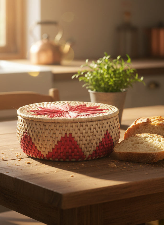 Hand Woven Palm Leaf Bread Basket – Red Color | Eco-Friendly Roti Dan