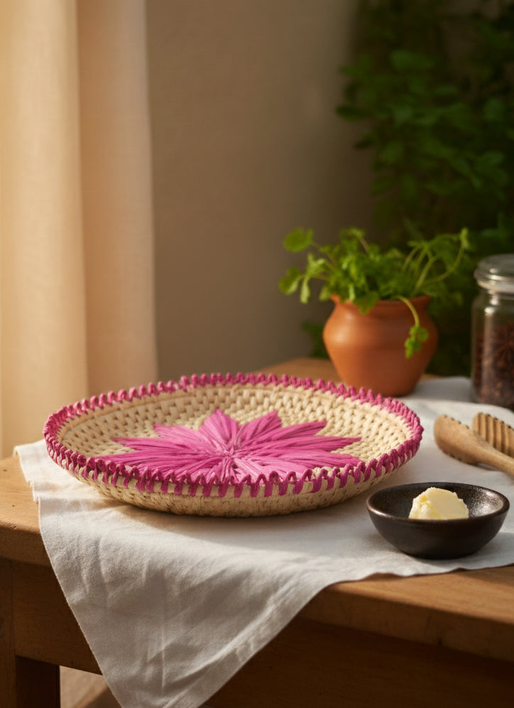 Hand woven pink palm-leaf bread plate (changair) 10×10 inches with floral motif artisan-crafted Pakistan