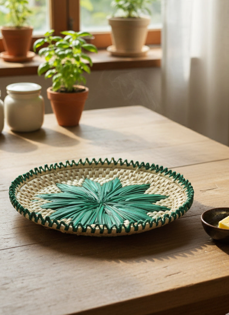 Hand woven palm leaf bread plate green 11×11 inches Changair with geometrical floral motif artisan-crafted Pakistan