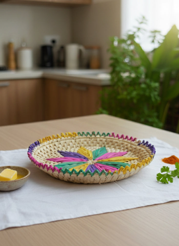 Hand-woven palm-leaf bread plate changair in multicolour flower design 11×11 inches artisan-crafted Pakistan