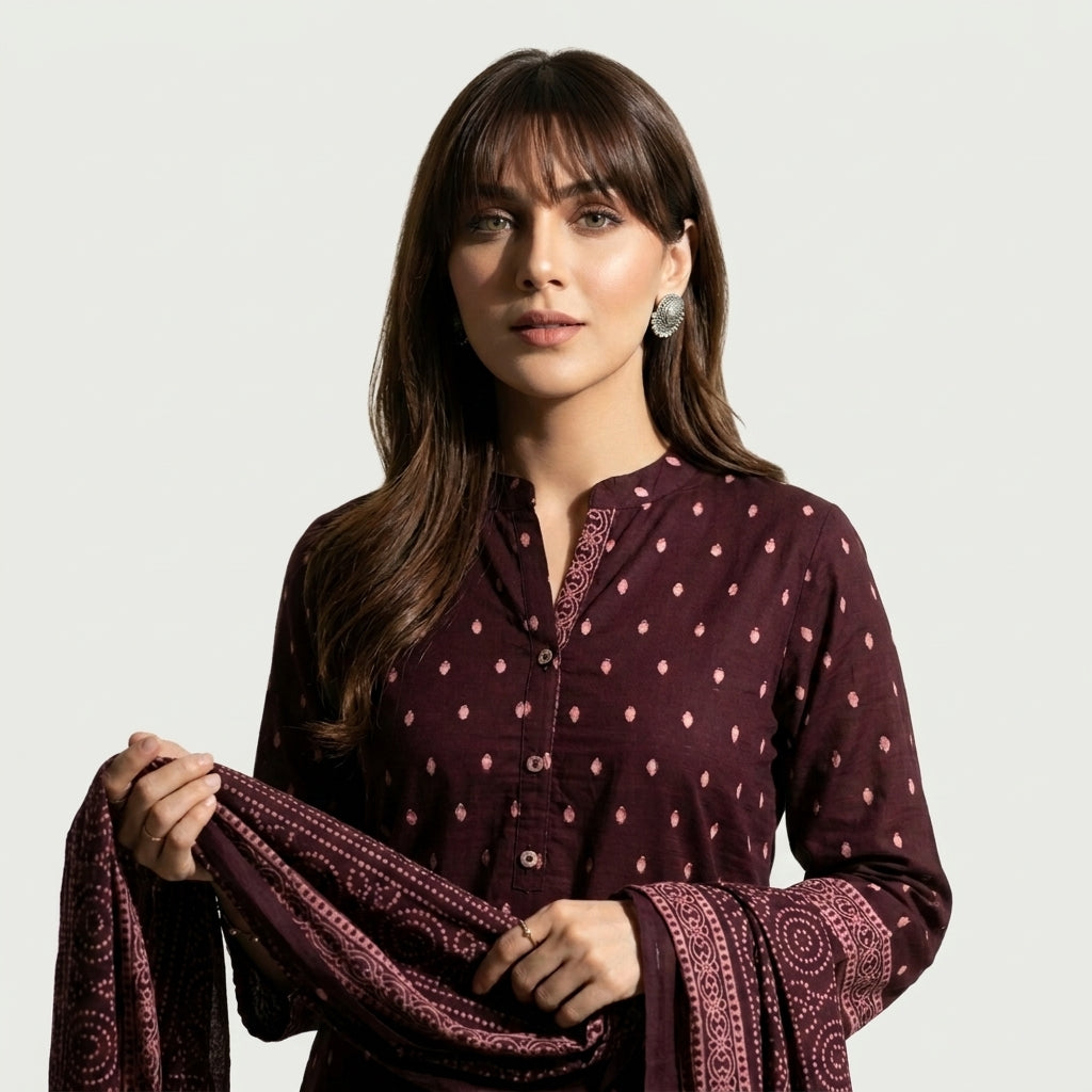 Burgundy Ajrak suit unstitched two-piece with traditional hand block printed shirt and matching dupatta.