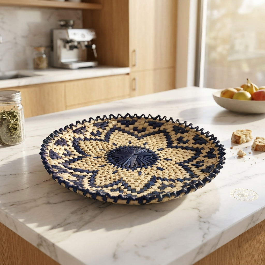 Handwoven Palm Leaf Bread Plate Changair with Blue Geometric Design, 10.5 x 10.5 Inch Handmade Traditional Bread Serving Basket by Sartiyoon