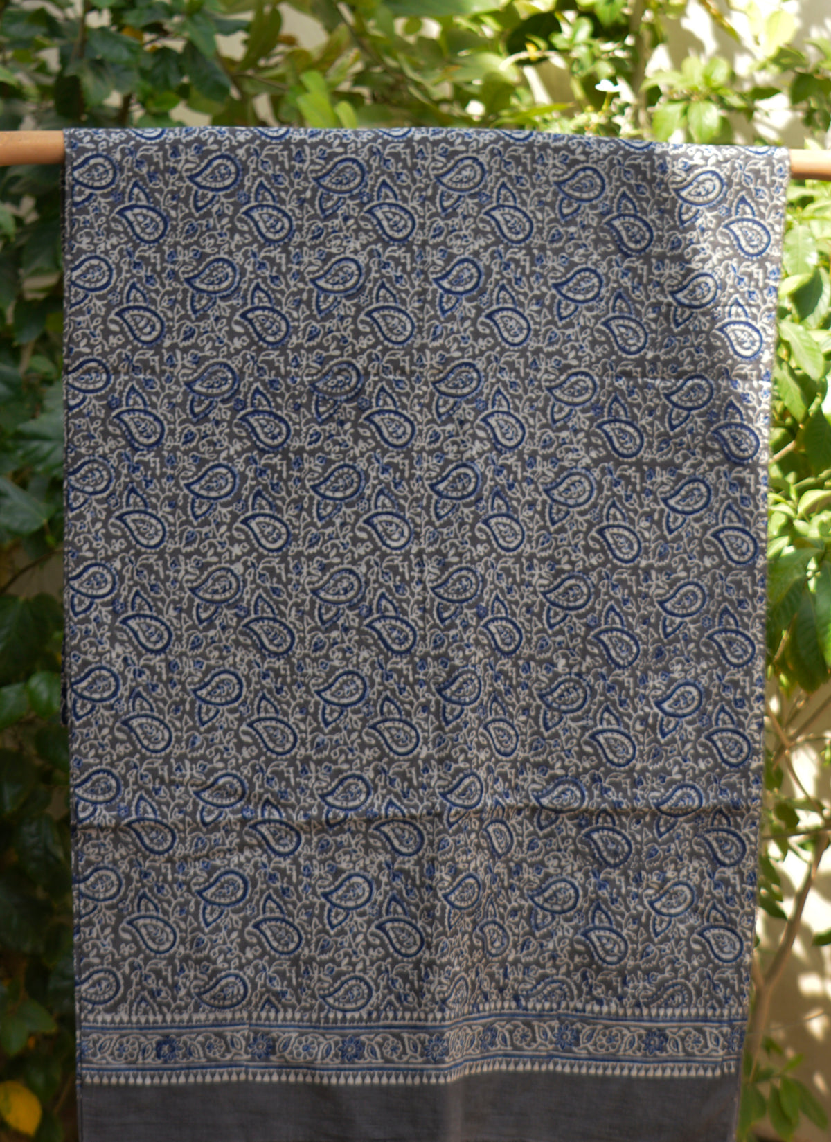 Charcoal Grey Paisley Ajrak Lawn Fabric, Blue Filling, 2.5 m