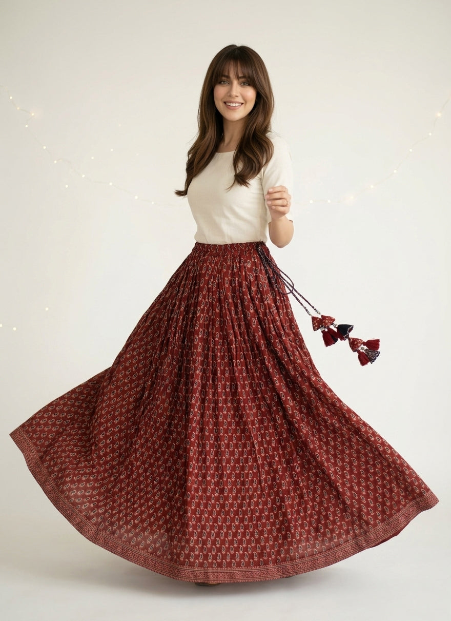 Ajrak Skirt Crimson Kerry Boho Maxi Skirt hand block printed lawn with tassel dori