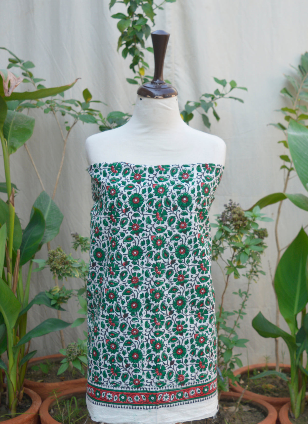 Handcrafted Daisy Green Ajrak Design Dress set with lightweight fabric and artisan prints