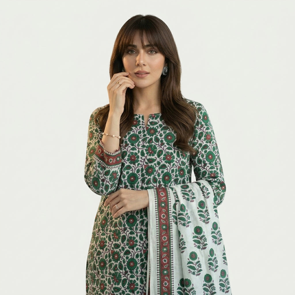 Blue and Green Floral Block Print Suit for Women