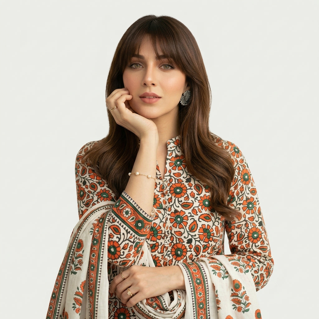 Yellow and Red Floral Block Print Dress Suit