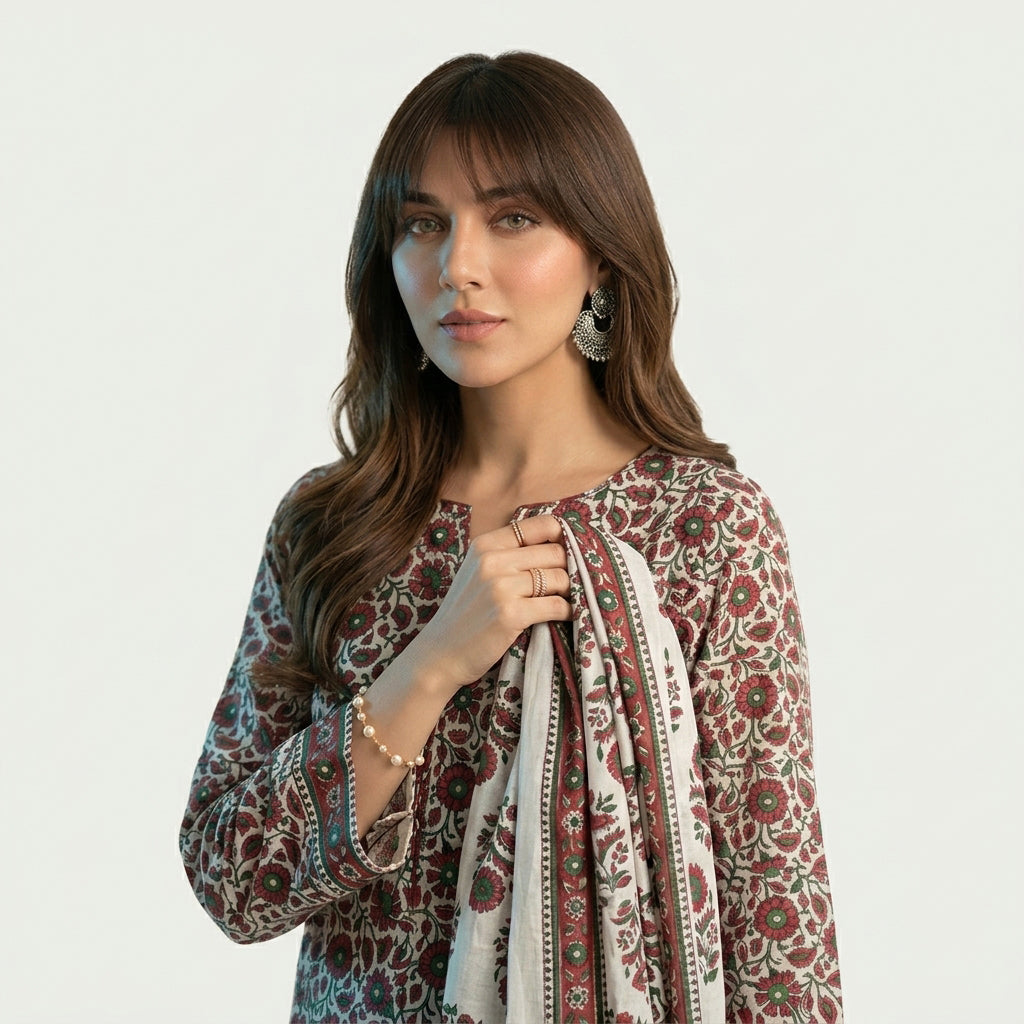 Floral Block Print Dress Suit with Decorative Borders
