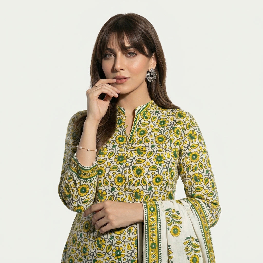 Block Print Dress Suit with Small Colorful Flowers