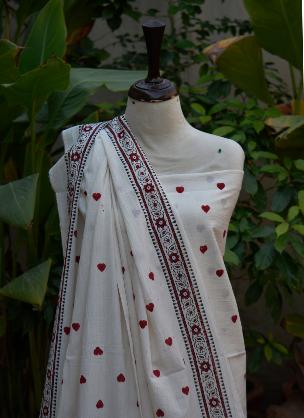 Red heart printed hand block cotton dress with smart border unstitched two-piece