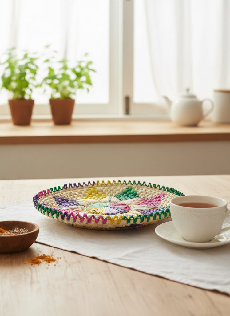 Hand woven palm-leaf bread plate (Changair) with multi-colour Baaree geometrical floral design – eco artisan tray 11×3 inches