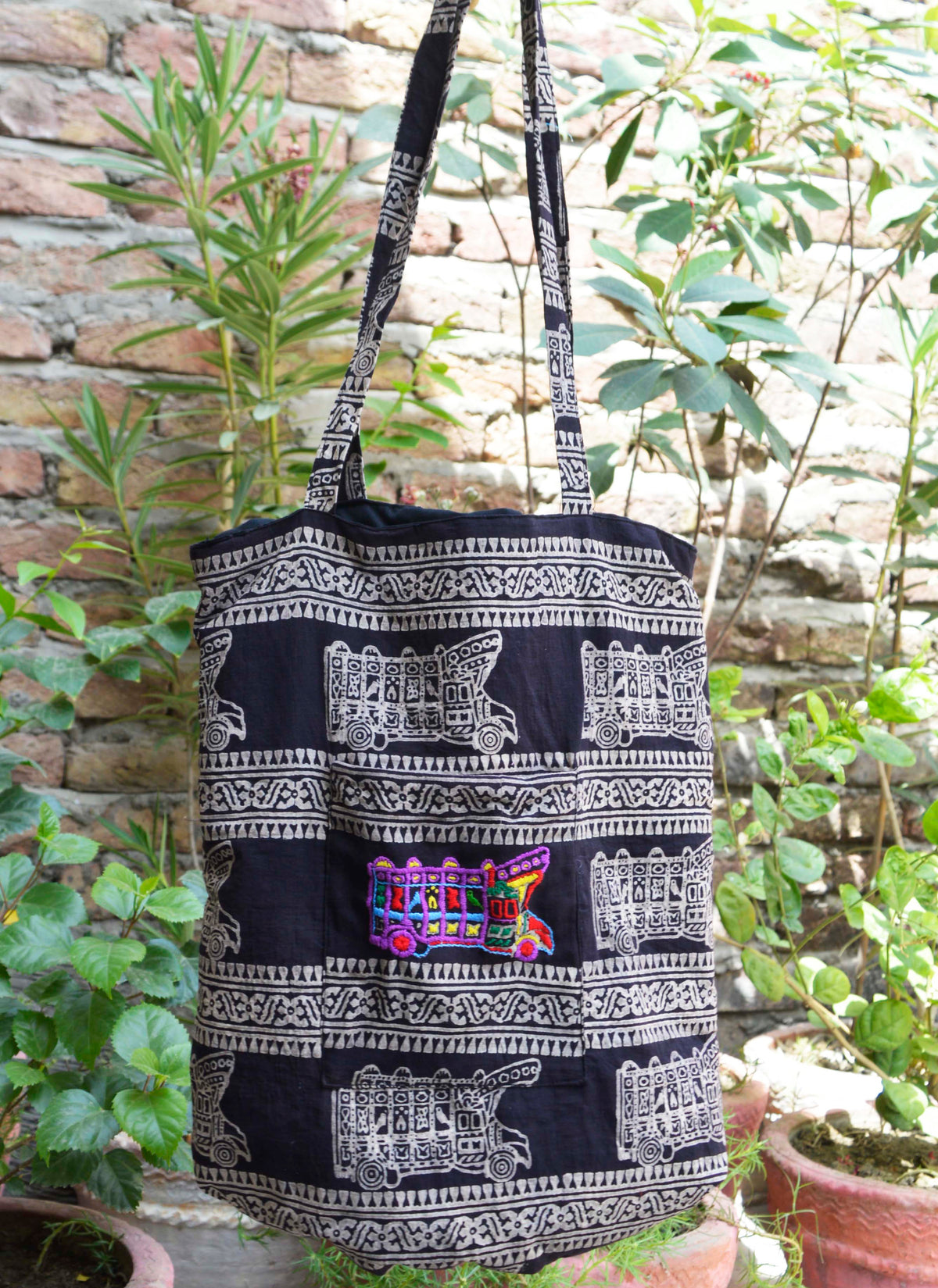 Hand embroidered red truck art Ajrak tote bag Pakistan