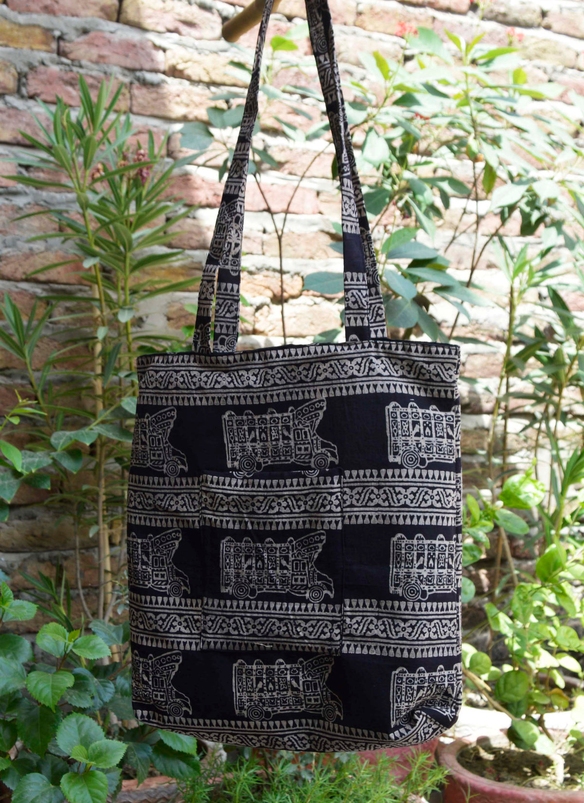 Black Ajrak print tote bag with truck art design eco friendly cotton