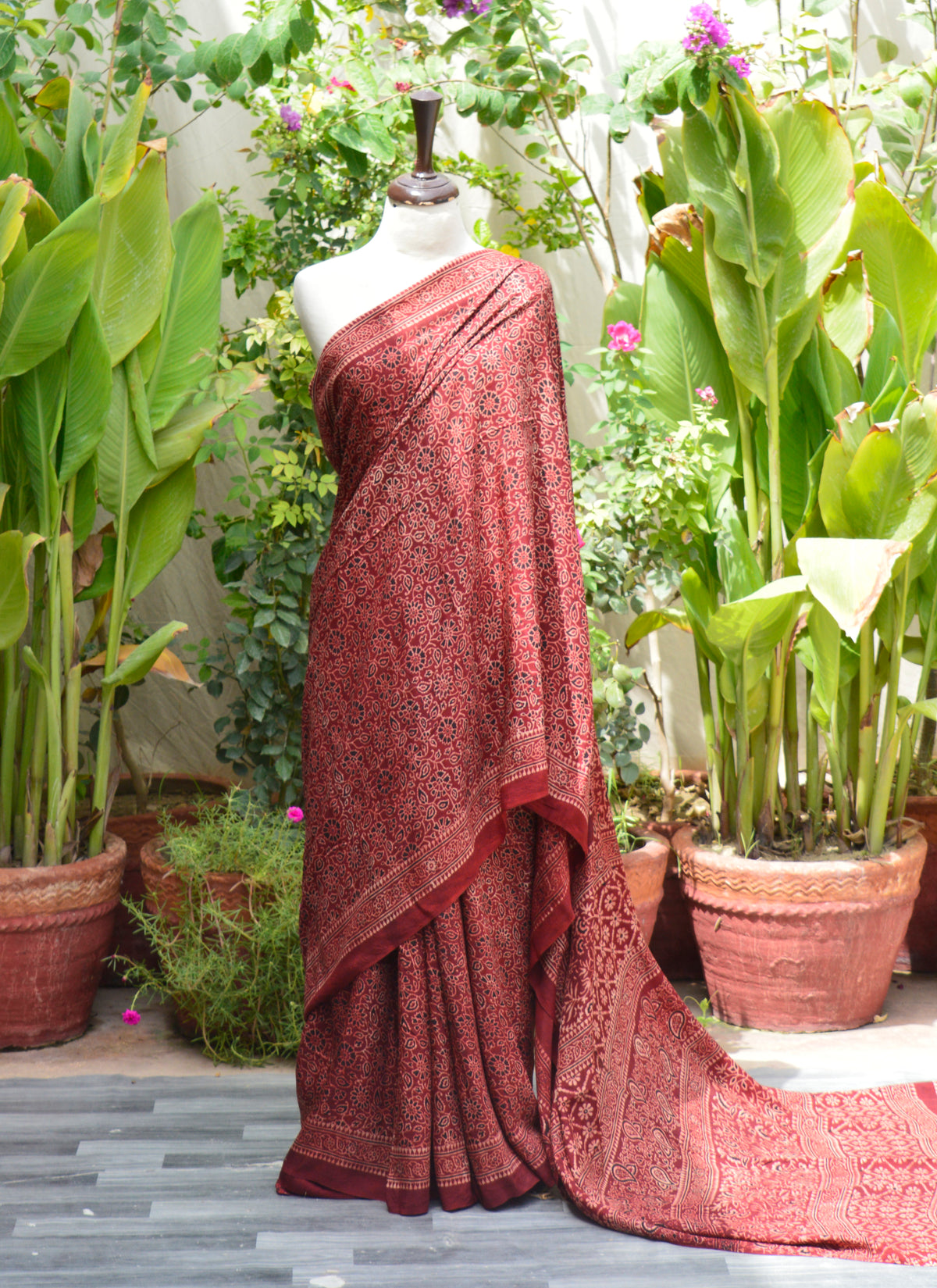 Hand Block Printed Maroon Ajrak Saree in pure silk with organic dyes