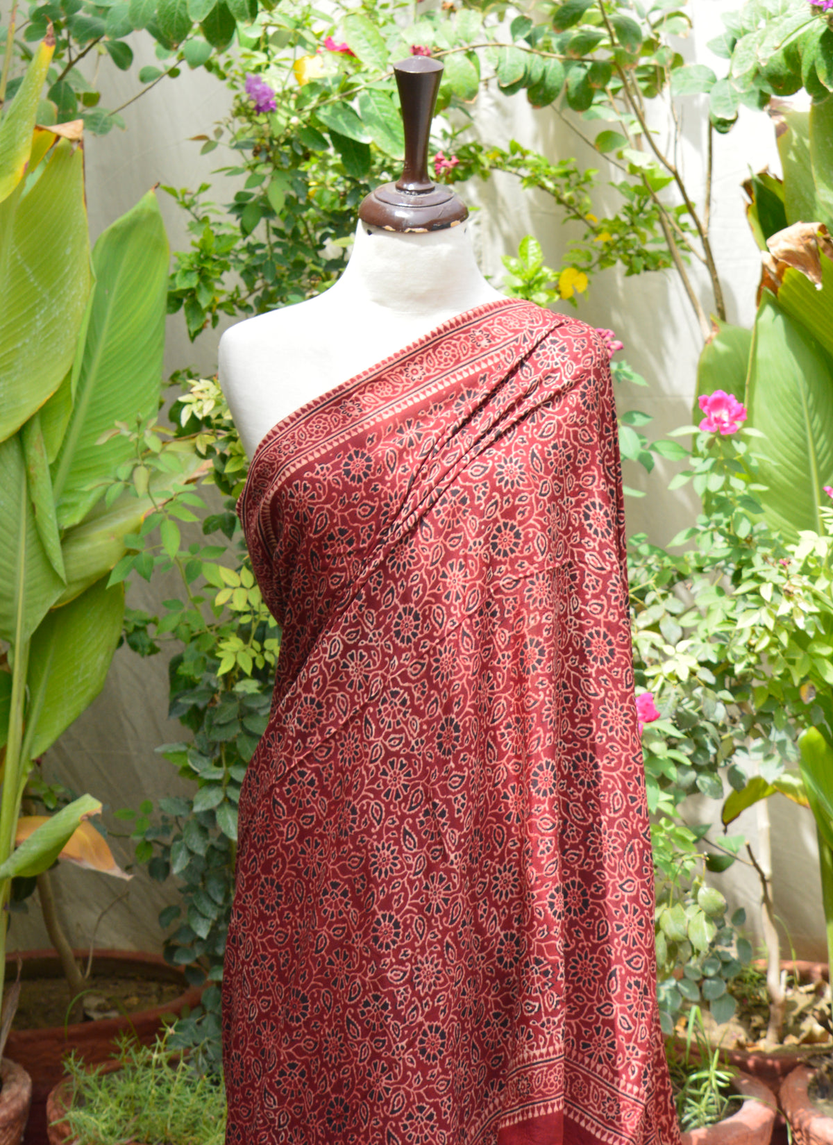 Traditional Sindhi Ajrak Saree on soft silk in maroon and black motifs