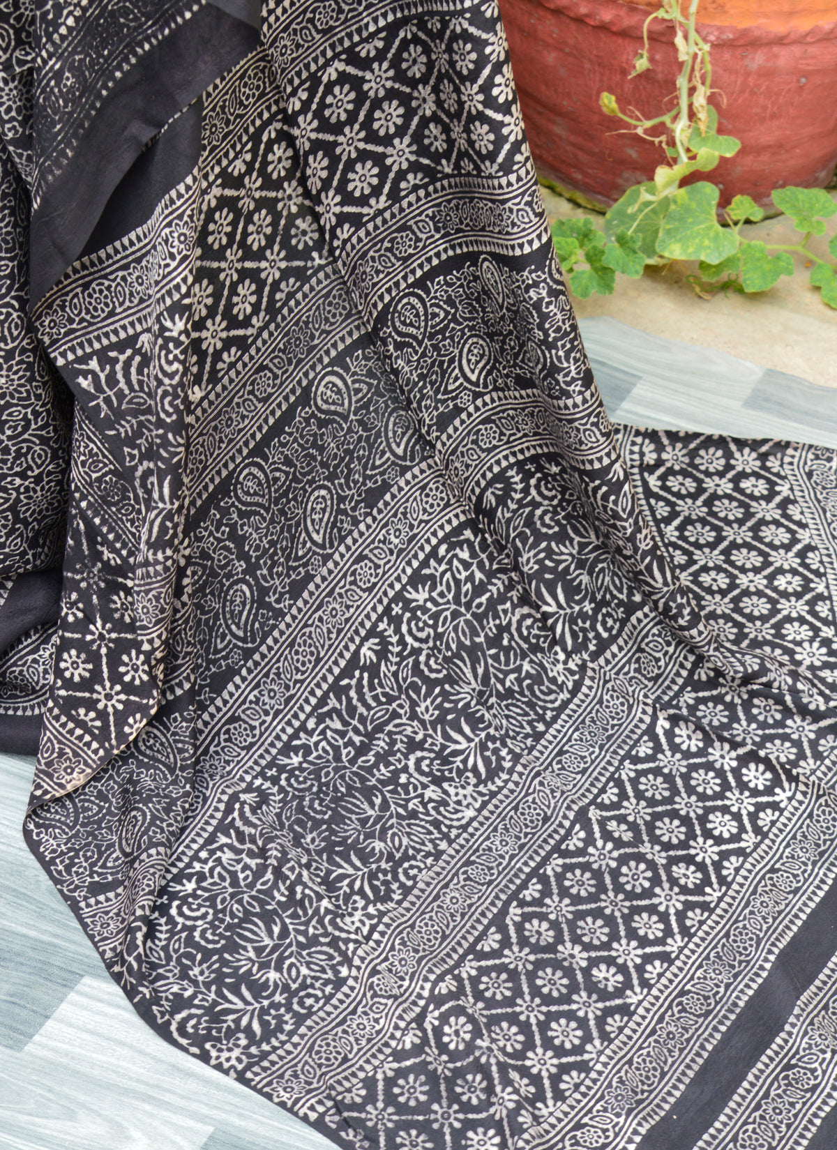 Traditional Sindhi Silk Ajrak Saree in black – Organic Dye Design