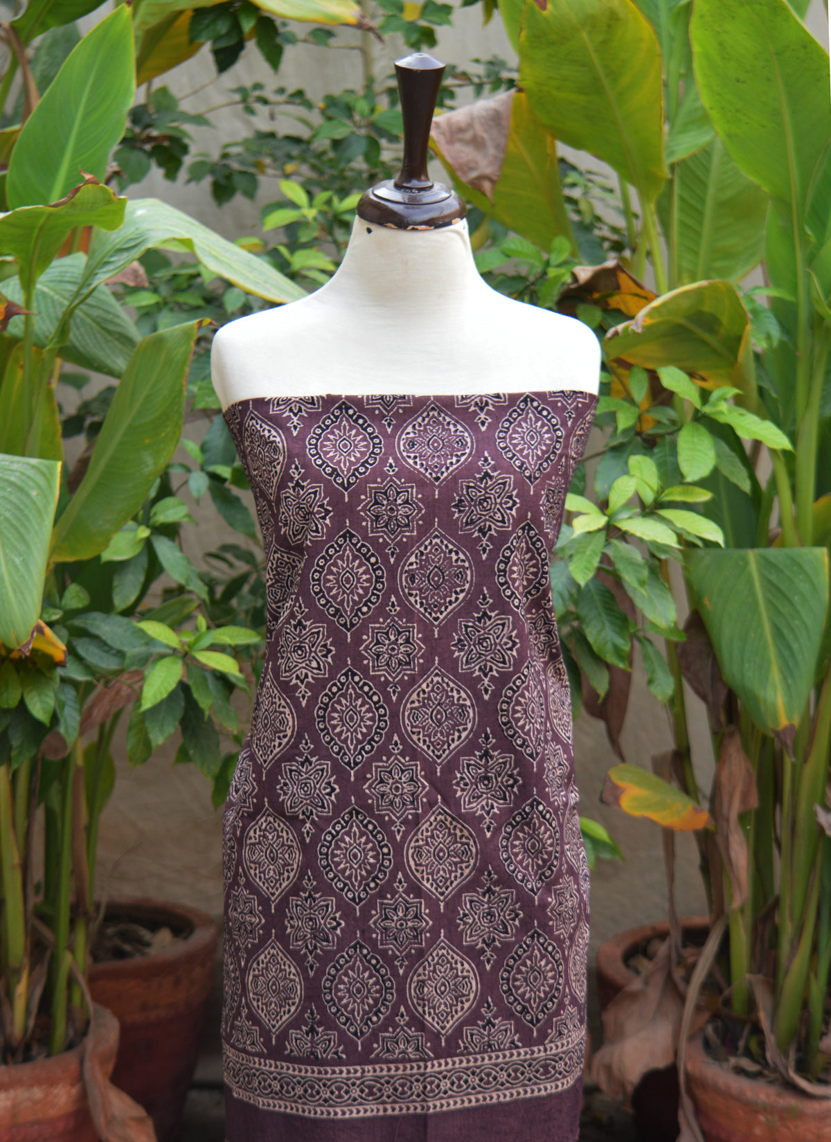 Premium organic dye Badam Nightshade Ajrak design dress unstitched two-piece with self-border, traditional hand block printing