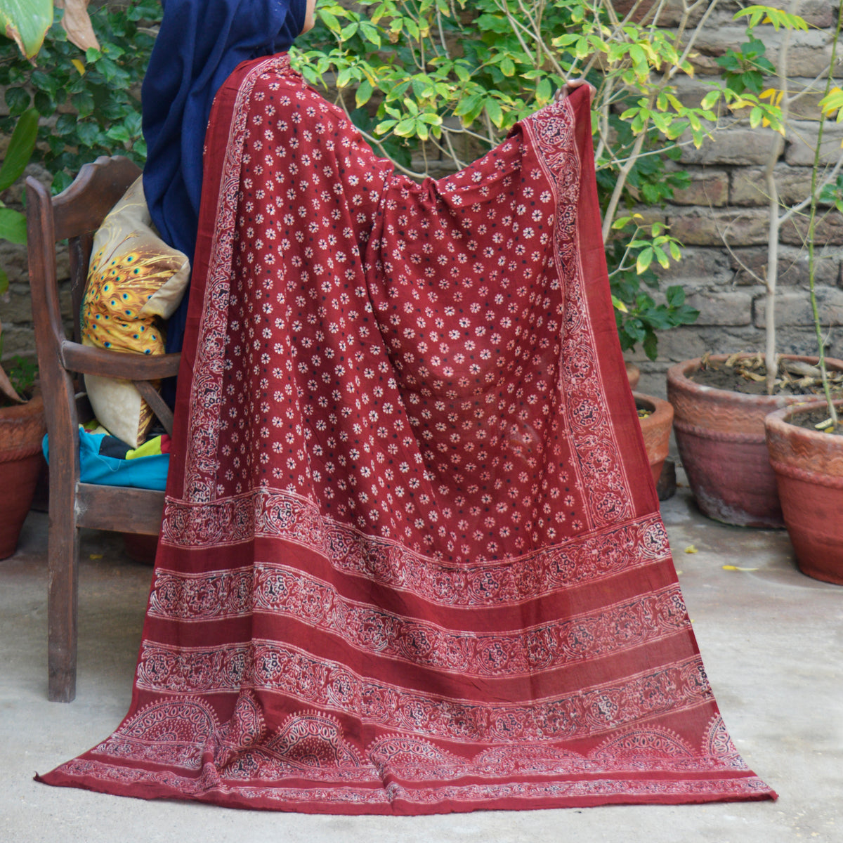 Maroon Ajrak Chaadar in Lawn Fabric with Floral and Geometric Hand Block Printed Patterns by Sartiyoon