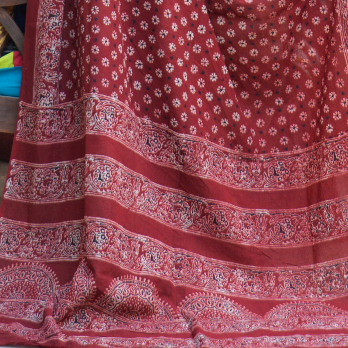 Traditional Maroon Ajrak Lawn Shawl with Floral Motifs and Geometric Borders