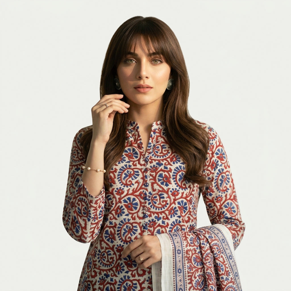 Traditional Dress Suit with Red Floral Border Designs