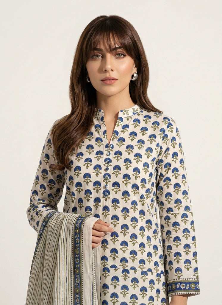 Women's floral cotton dress material with matching stripe dupatta and traditional block print craftsmanship