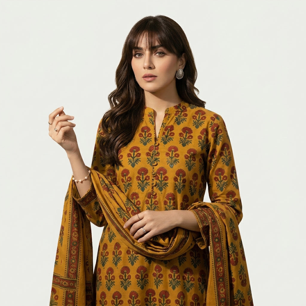 Hand Block Printed Dress Suit with Colorful Flowers