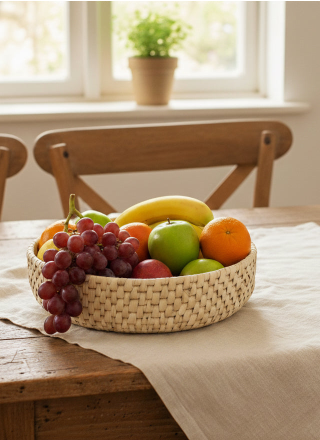 Hand woven palm leaf fruit basket green with geometrical floral motif 11.5 x 2.5 inches, Hand Made Basket