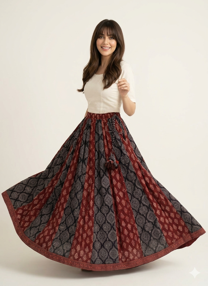 Maroon black Ajrak skirt traditional hand block printed boho maxi skirt