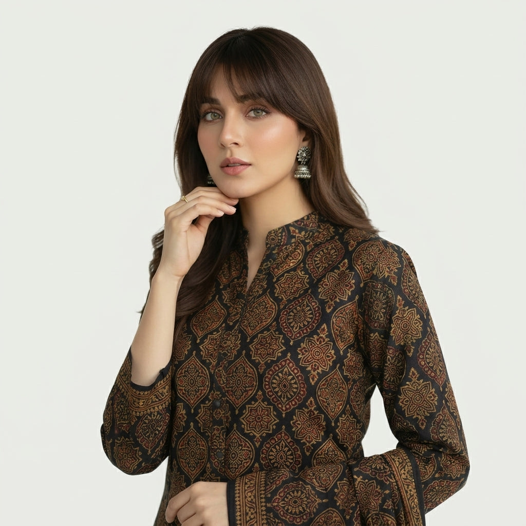 Dark green Ajrak Design Dress featuring traditional Badam motifs and hand block printed patterns.