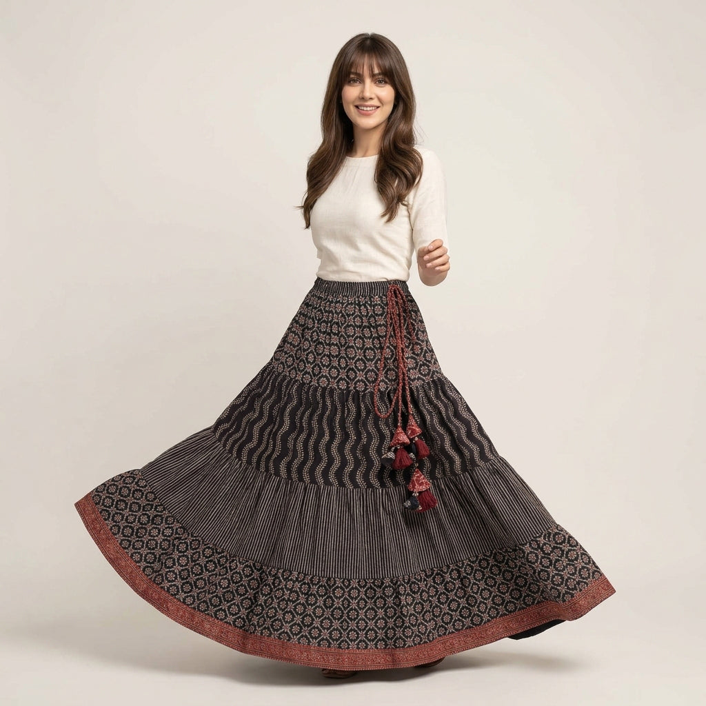 Black Ajrak long tiered skirt with traditional hand block print