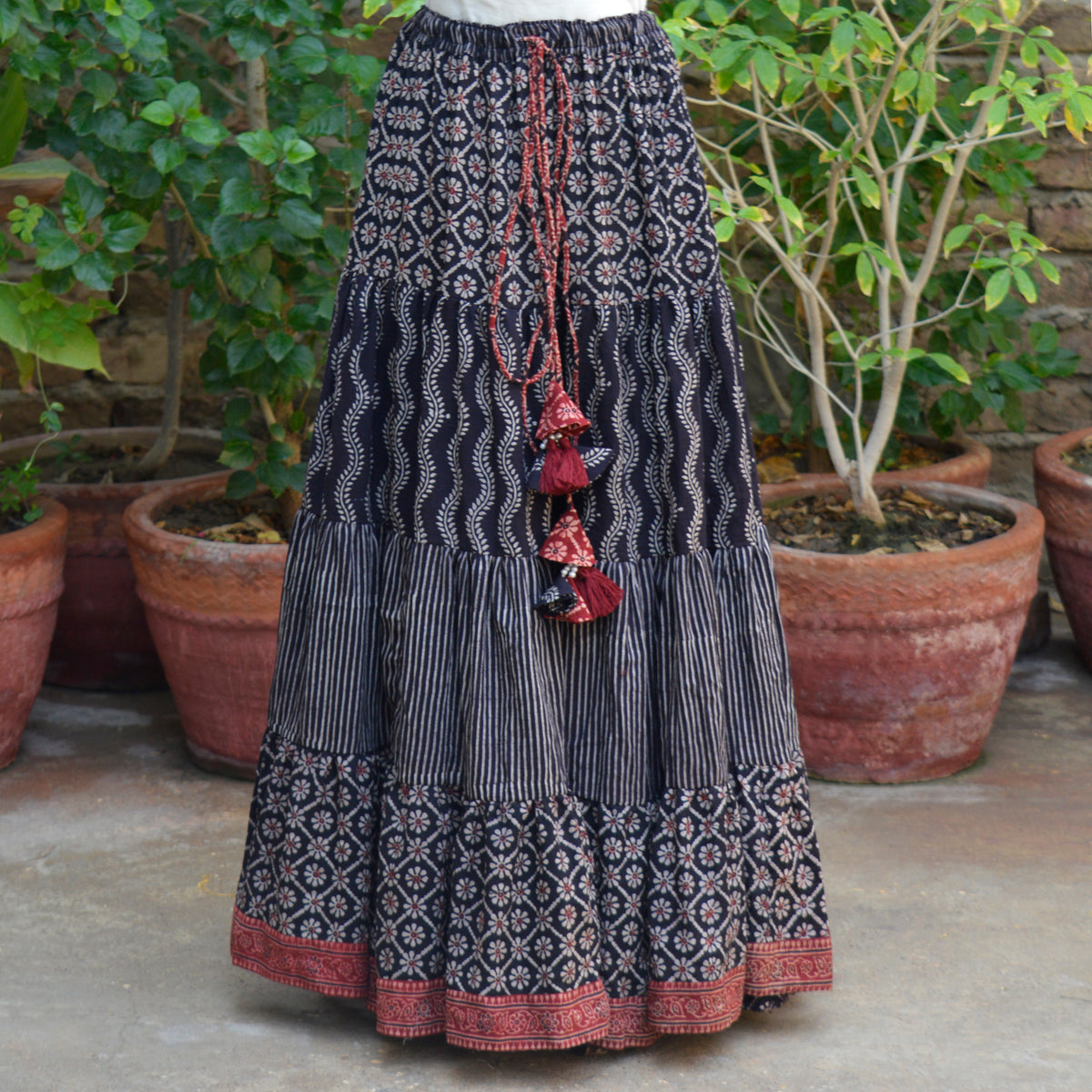 Sartiyoon black Ajrak tiered skirt handcrafted heritage fashion
