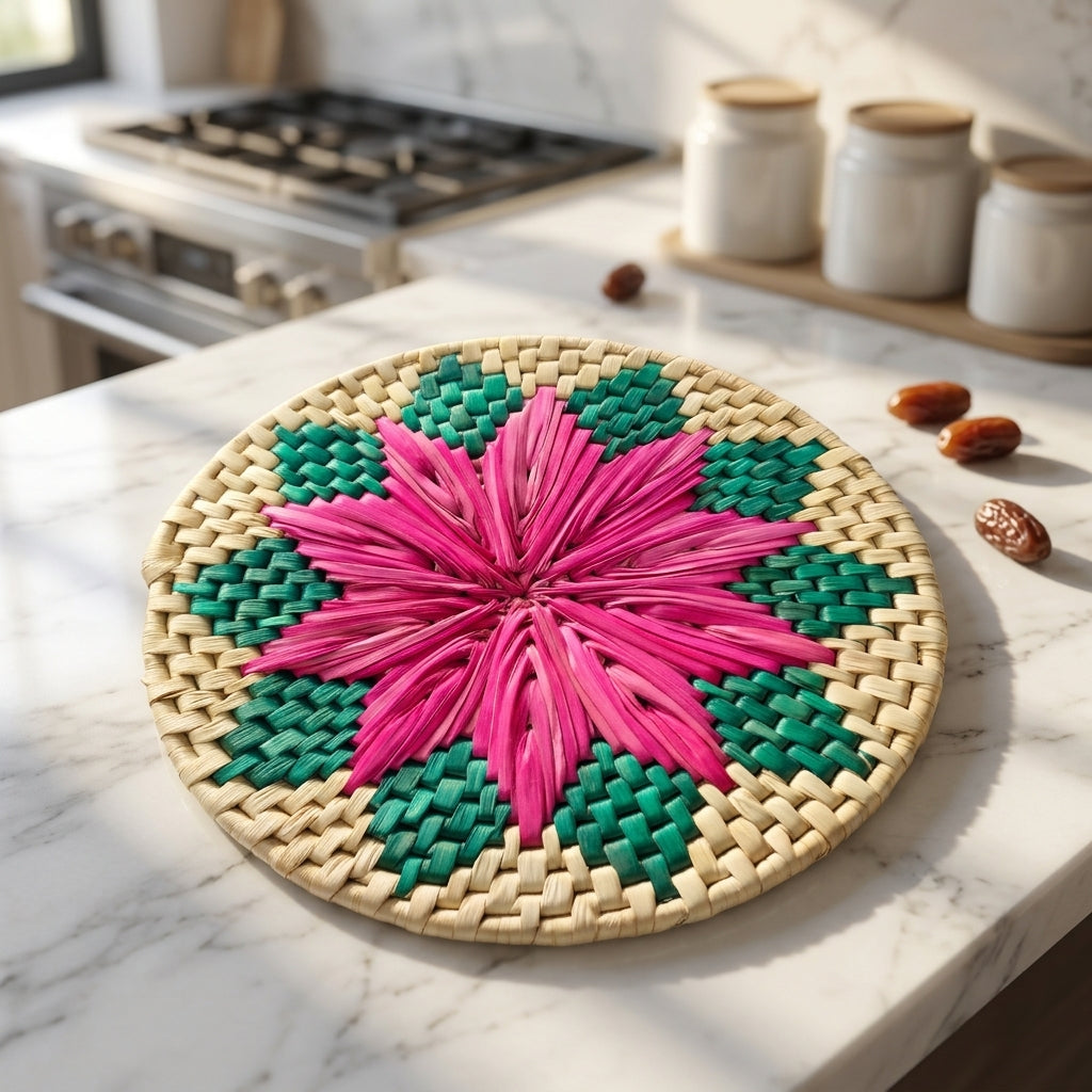 Handwoven Palm Leaf Table Mat with Green and Pink Floral Design, 11-Inch Handmade Natural Woven Placemat by Sartiyoon