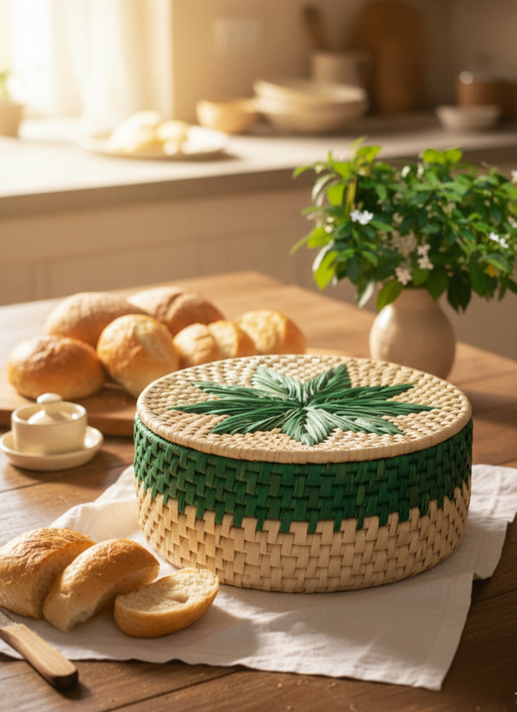 Green Flower Hand-Woven Bread Basket | Natural Date Palm Leaves Rustic Roti Dan from Sindhi Women